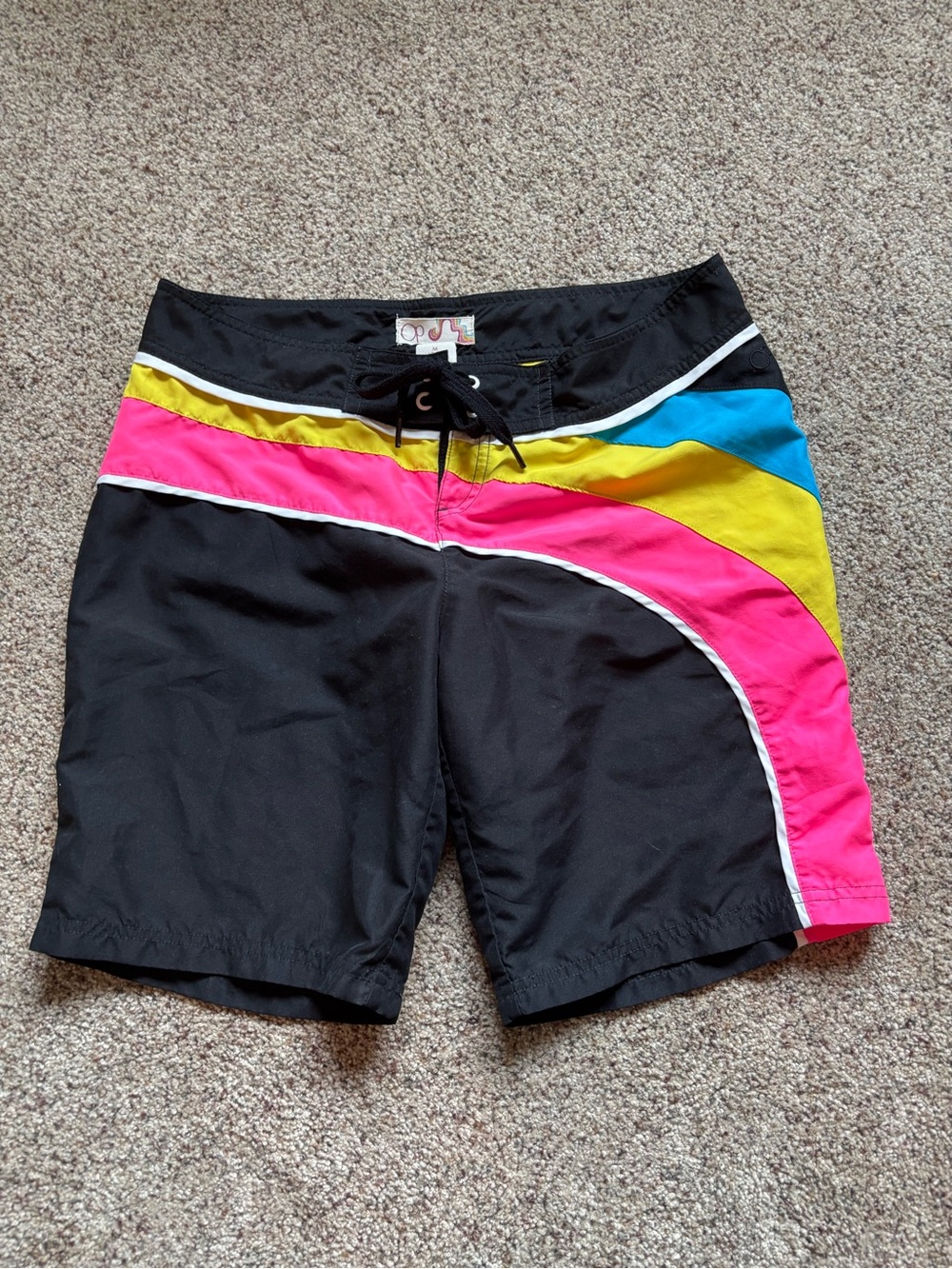 OP Men's Black Board Shorts with Pink, Yellow & Blue Accents